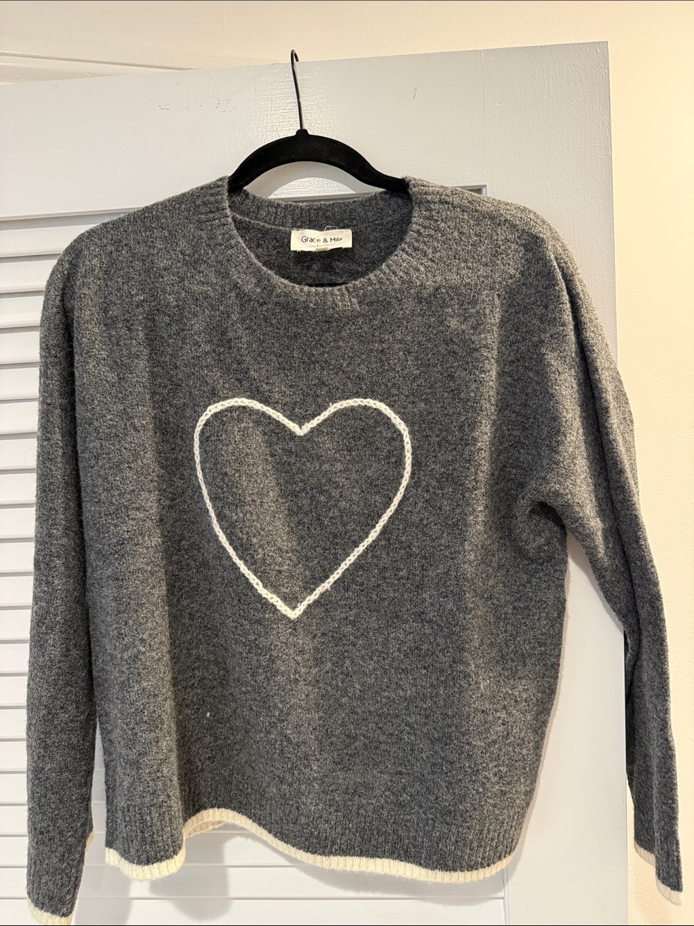 Grace & Mae Gray Crewneck Sweater with White Heart Detail